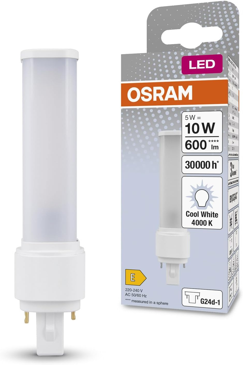 OSRAM Dulux LED D10 EM, G24D-1, 5W, 600Lm, 4000K, Cool White Light Colour, Targeted Lighting Thanks to Rotating End Cap, LED Replacement for Classic Compact Fluorescent Lamps with G24D-1 Socket image number 1