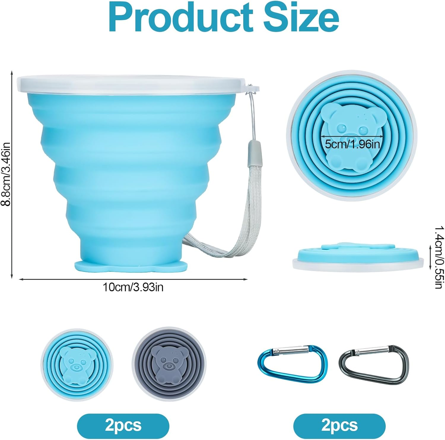 WRENYZK Pack of 2 Foldable Cups with Lid, 250 Ml, Reusable Foldable Cup, Travel Mug, Portable Silicone Cup, Outdoor Camping Folding Cup for Travel, Sports, Picnic, Hiking (Blue, Grey) image number 4