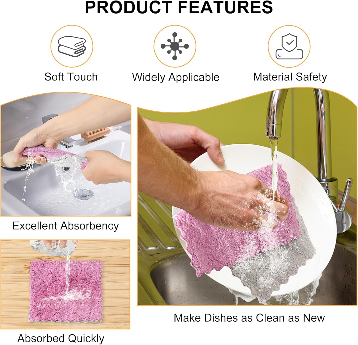 TECDW 10-Pack Kitchen Dish Cloths,Ultra-Soft Super Absorbent Lint-Free Cleaning Towels,Oil-Resistant Coral Velvet Dish Cloth for Washing Dishes,Wiping Countertops (16&times;27Cm/6.3&times;10.6Inch,Pink) image number 4