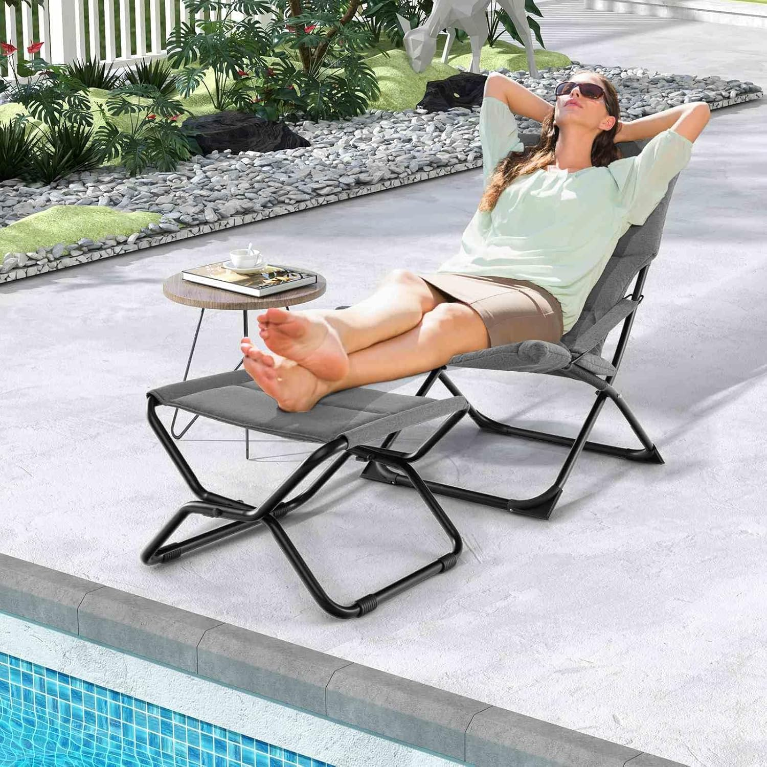 Costway Patio Folding Sling Chair with Ottoman, Outdoor Portable Lounge Chair with Footrest & Removable Cushion, Reclining Beach Chair & Ottoman Set for Deck, Garden, Poolside, Grey