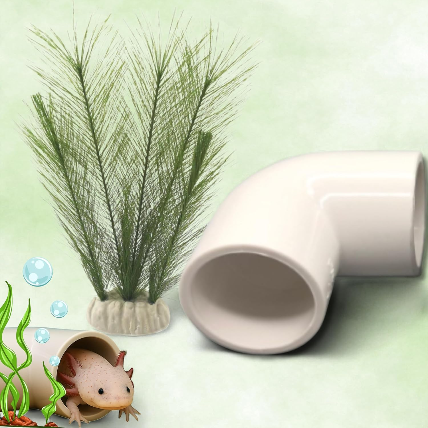 Axolotl Hide Tube and Silk Plants for Aquarium, Axolotl Cave and Aquatic Plant Set, Axolotls Hides and Green Plants, Aquarium Decor, Fish Tank Decorations, Turtle Tank Accessories (White, 11 * 3.5In) image number 1