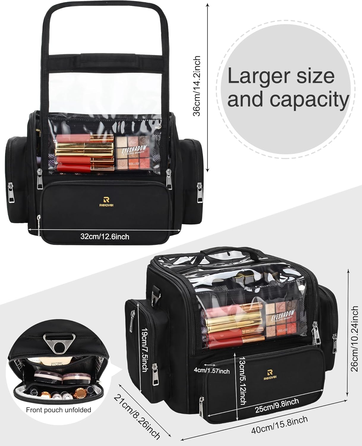 Large Makeup Organizer and Storage, Clear Travel Makeup Bag, Black Makeup Brush Holder Makeup Artist Essentials, Cosmetic Make up Bags for Women with Adjustable Dividers and Strap, Black, Makeup Brush Case image number 2