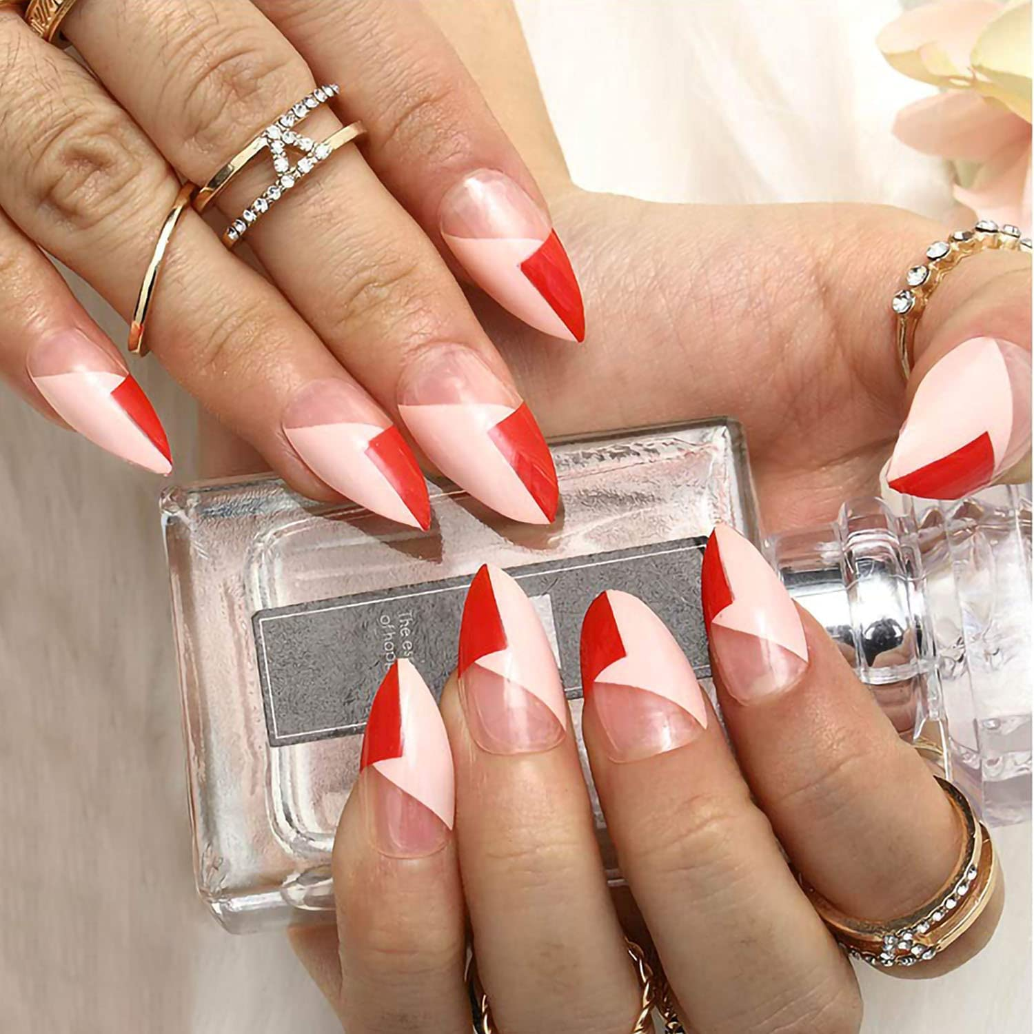 Oval Short Press on Nails Red Stiletto False Nail Full Cover Hypotenuse Nail Art for Salon Women Girls 24PCS image number 3