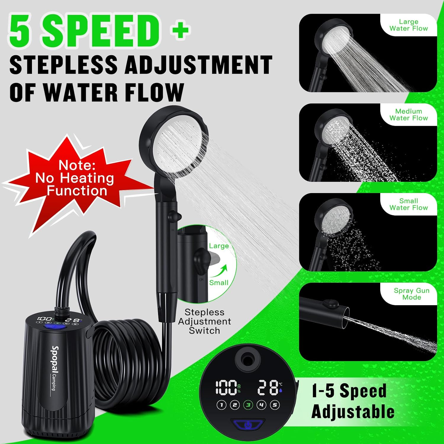 Portable Camping Shower, [10000Mah Long-Lasting] [Intelligent LED Display] Spopal Rechargeable Portable Shower Pump with 20L Water Bucket, 5 Speed Mode, for Camping, Travel, Hiking, Car & Pet Clean image number 2
