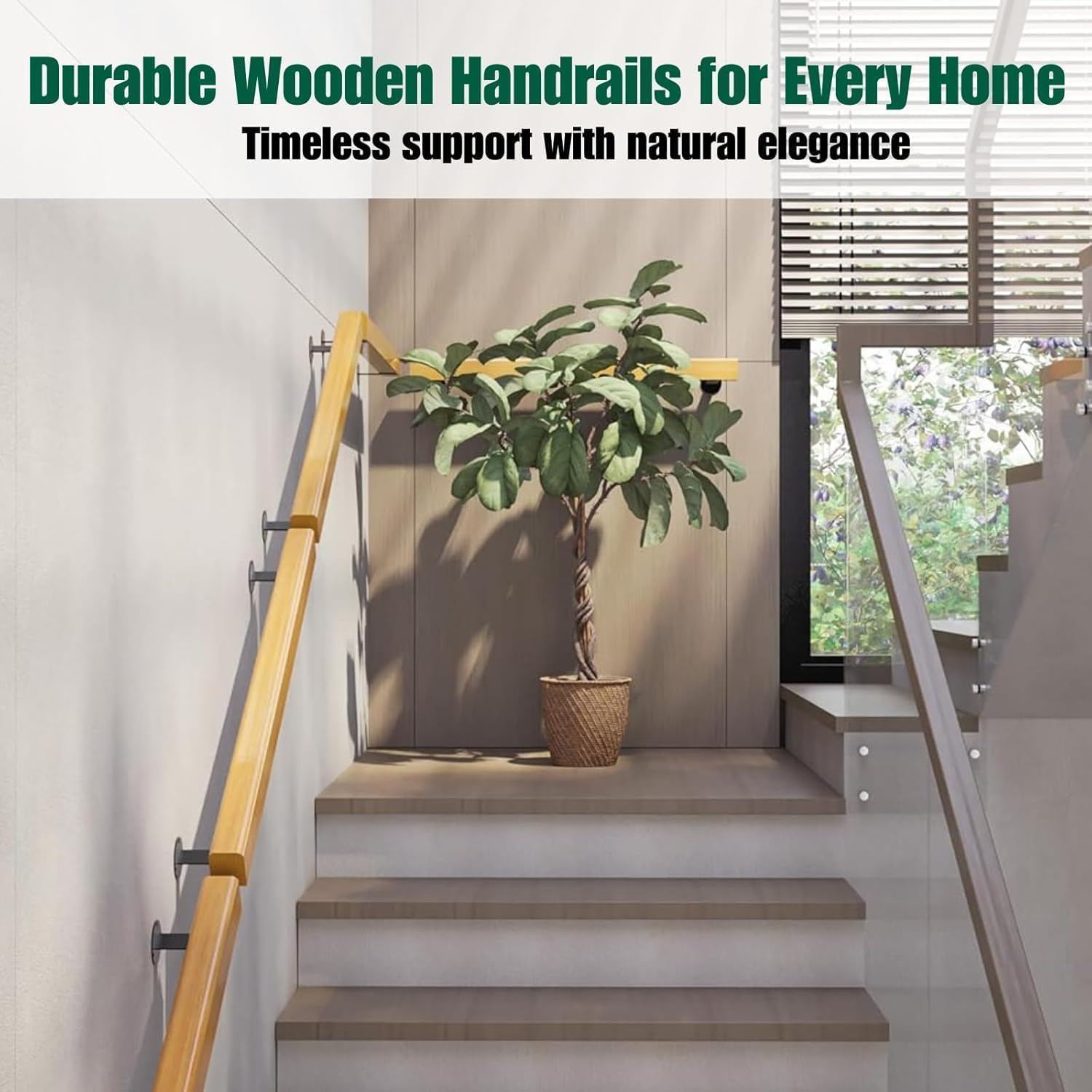 Wooden Handrail Indoor Stair Outdoor Wood Staircase Stairway Banister Safety Railing Kit Bracket Bar Elderly Step Basement Porch Grab Interior Exterior Wall Mount Hardware RV Mobile Home Metal Post image number 2