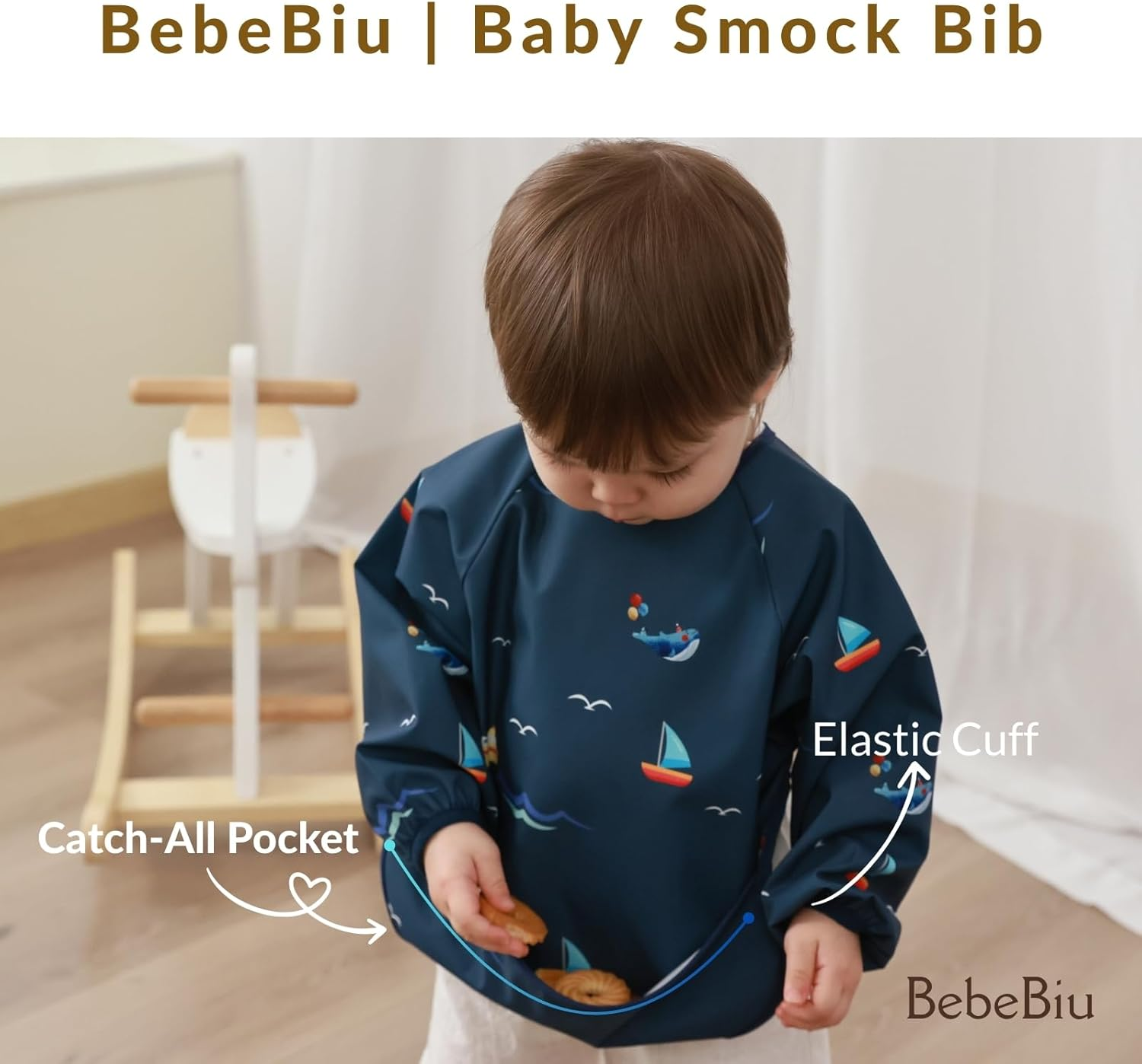 Bebebiu Long Sleeve Baby Bib, Waterproof Fabric, Full Coverage with Catch-All Pocket, 2Pk Baby Smock Bib, Adjustable Sleeves Toddler Bib for Ages 6-24 Months - Cars Sage image number 5
