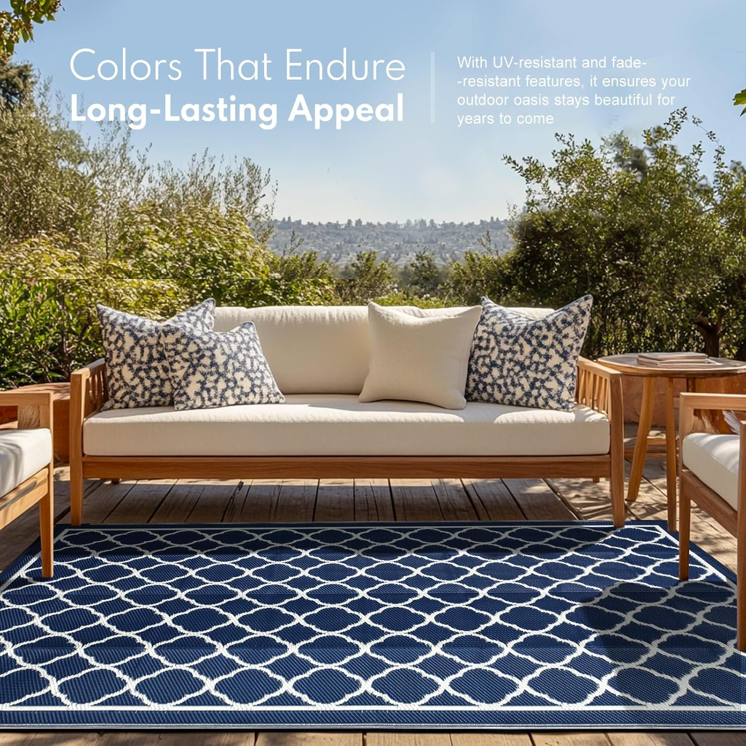 Waterproof Outdoor Rug 5X8 Ft, Reversible Plastic Straw Rug, Easy to Clean Patio Rug, Portable Carpet for Patio, RV, Deck, Balcony, Backyard, Picnic, Beach, Clover, Navy Blue image number 1