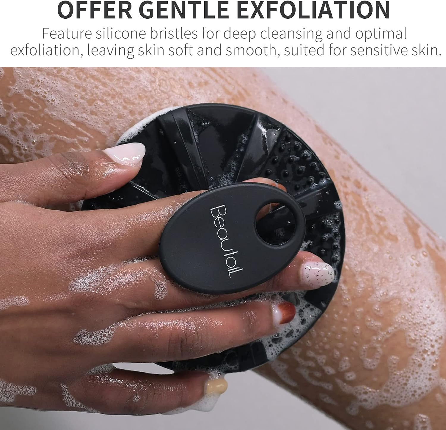 BEAUTAIL Silicone Body Scrubber Shower Bath Brush 2 Pack, More Hygienic than Traditional Loofah, Lather Nicely, Long Lasting, Gentle Exfoliating for Women Men Baby Sensitive Skin, Black+Purple image number 5