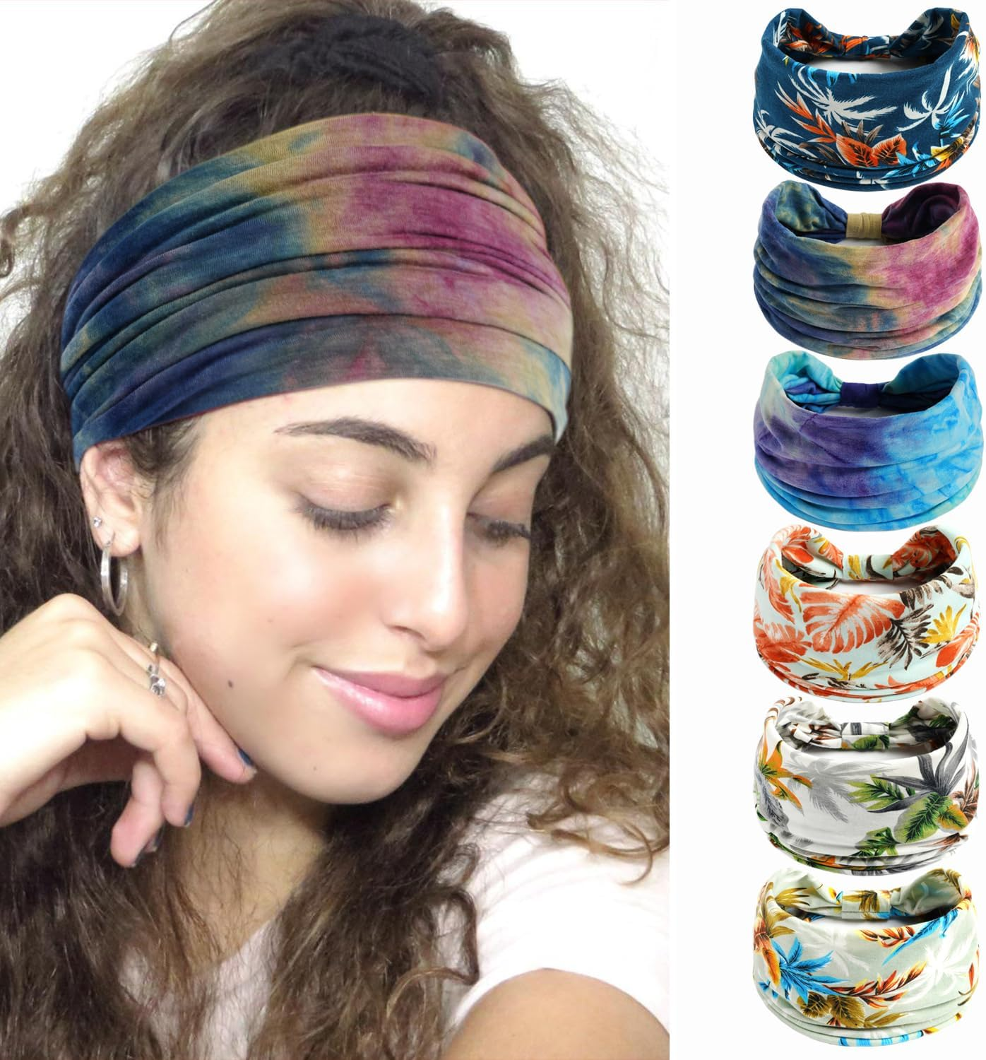 6 Pieces Headbands for Women, Wide Boho Headscarves, Non-Slip Bandanas, Hair Bands, Elastic Hair Accessories, Knotted Turbans Head Wrap Adults (14 Multicolours)
