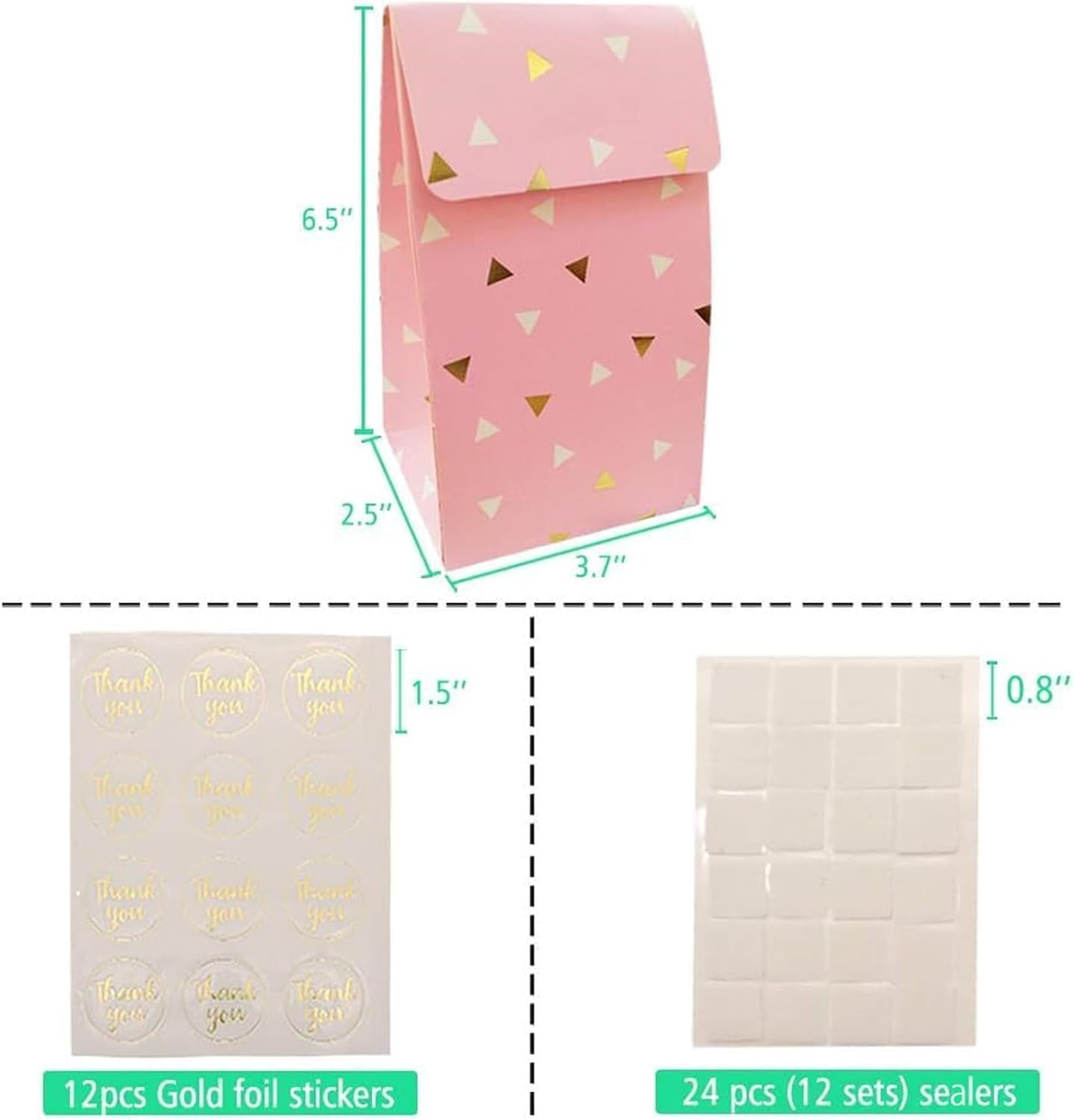 Paper Goodie Bags Pack of 24 - Party Favor Bags, Pink Treat Bags with Gold Foil for Parties, Baby Shower, Wedding and Bridal Showers, Stickers and Sealer Included image number 3