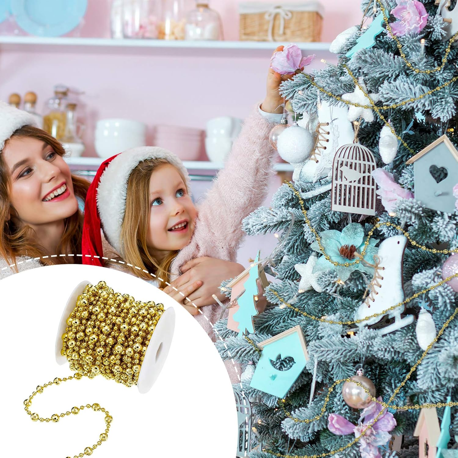 WILLBOND 32.8 Feet Christmas Tree Beads Beaded Garland Strand Plastic Pearls Beads Garland Crystal Bead Roll for Christmas and Holiday Decorations (Gold) image number 2