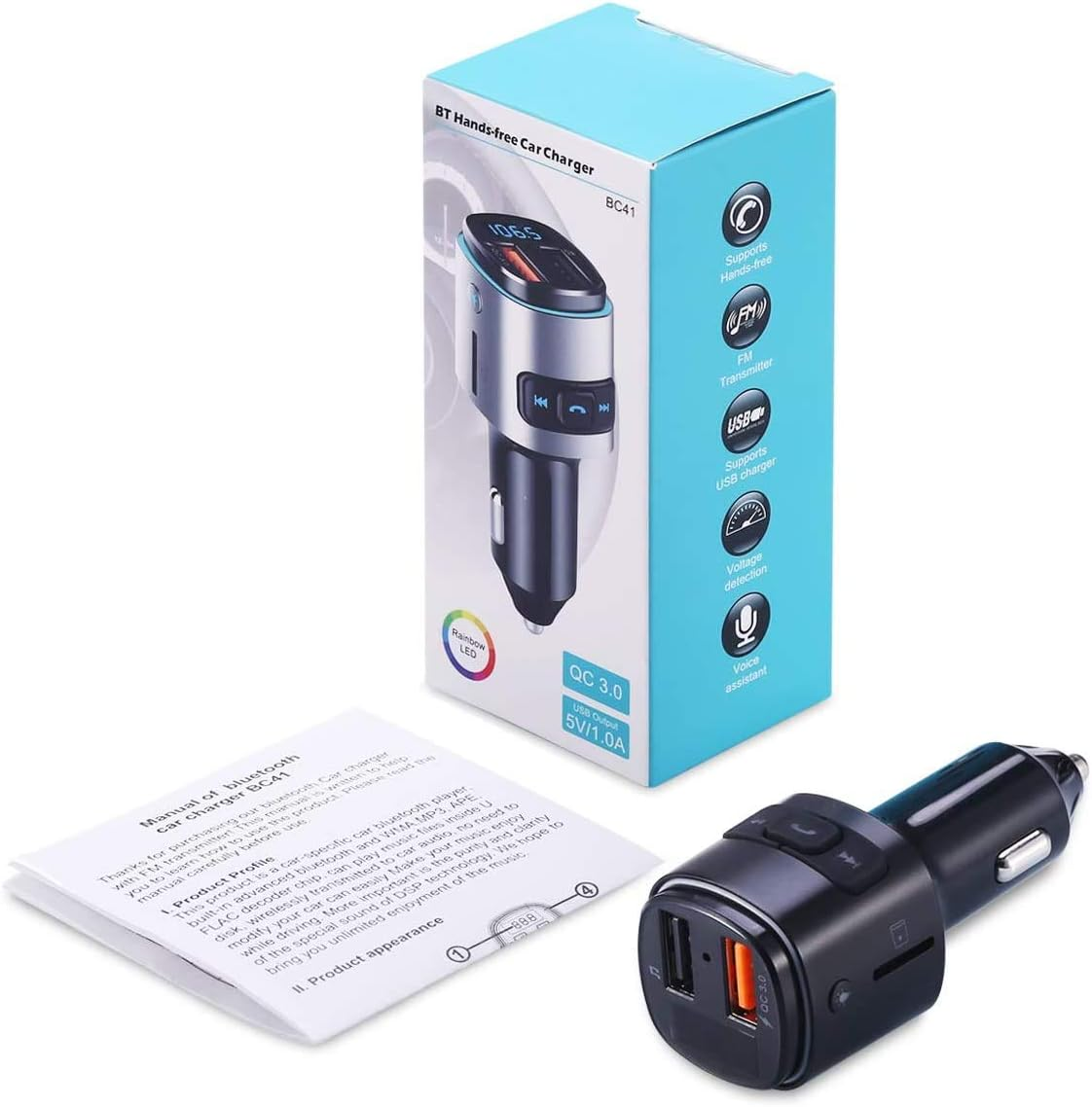 Bluetooth FM Transmitter for Car, QC3.0 Charging, Dual USB Ports, 7 Color RGB LED Backlit Bluetooth Car Adapter, Support Siri Google Assitant, U Disk, SD Card, Hands-Free Car Kit image number 3
