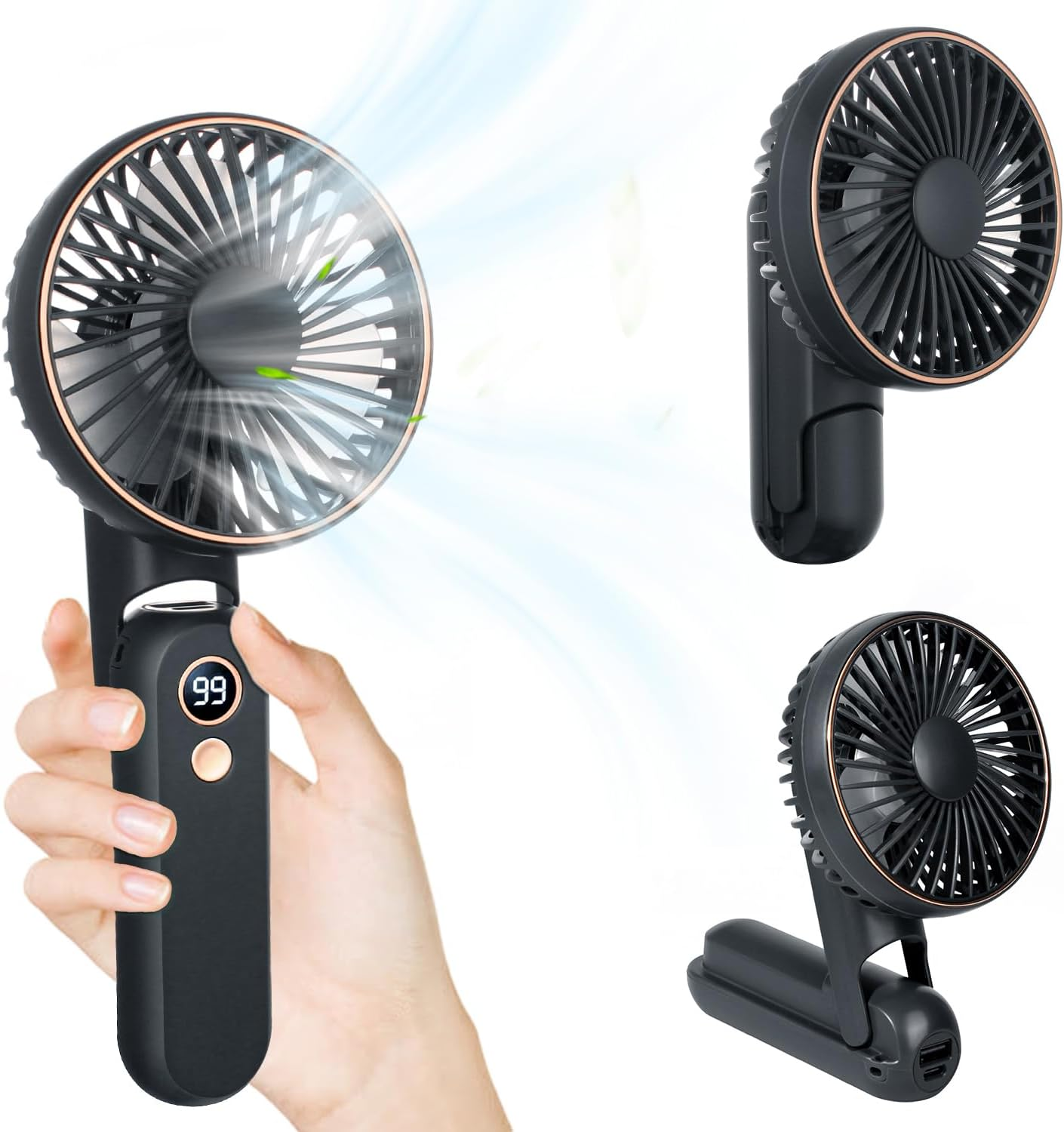 H HOME-MART 3 in 1 Portable Handheld Fan, Portable Fan Rechargeable, 180&deg; Adjustable, 5 Speed Wind, Display Electricity in Real Time, USB Rechargeable Foldable Fan, Quiet Personal Fan (Black)