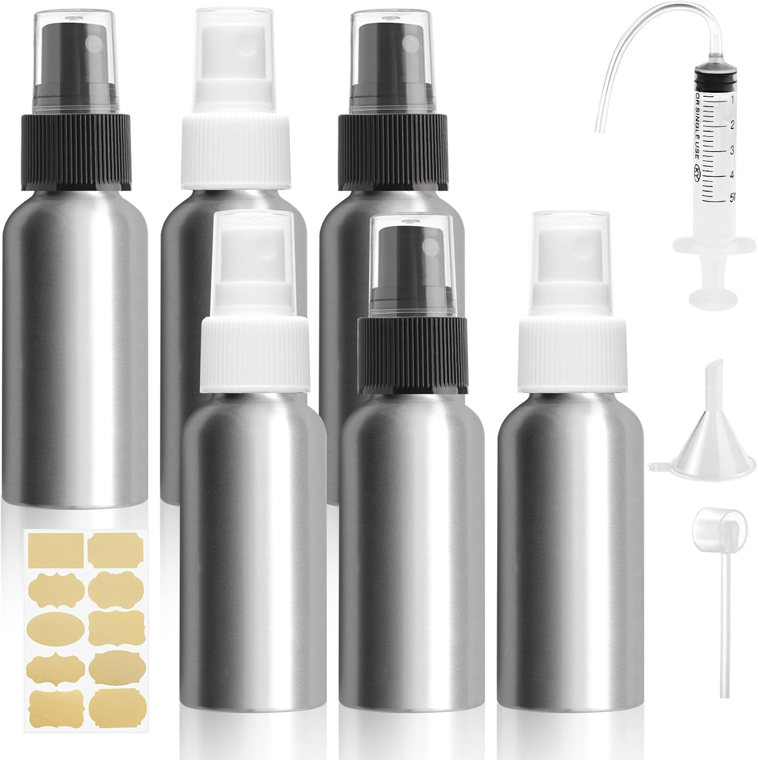 Bohoray Pack of 6 30 Ml Spray Bottle, Small Aluminium, Aluminium Spray Bottle, Atomiser Spray Bottle, Pump Atomiser with Funnel/Syringe/Label, Portable Atomiser Perfume for Cosmetics, Liquid