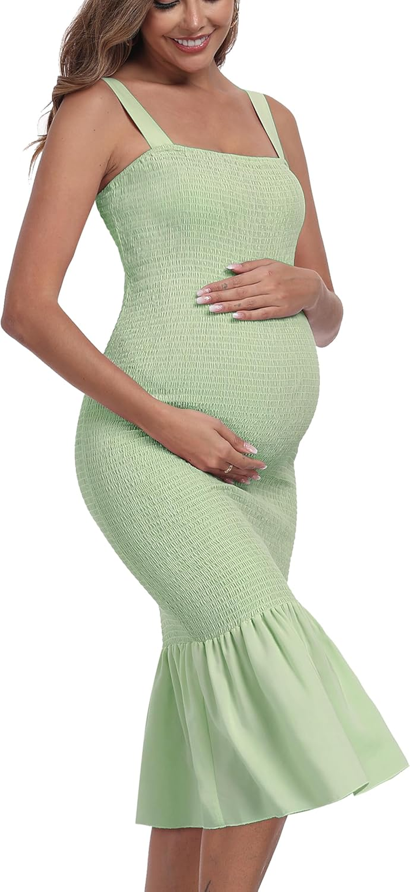 Summer Tank Maternity Dress Sleeveless Strappy Midi Bodycon Square Neck Ruffle Mermaid Smocked Dress for Baby Shower image number 4