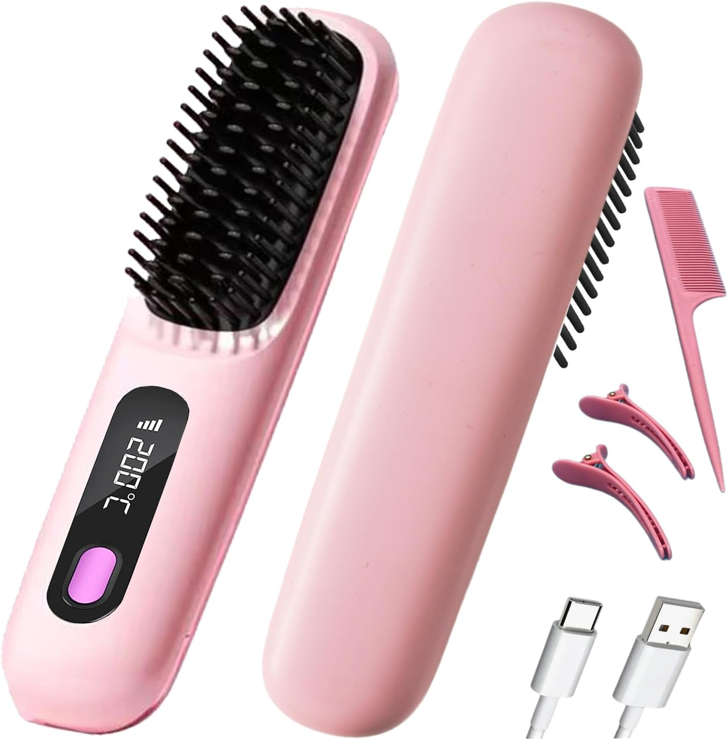 Cordless Hair Straightening Brush with LCD Display 160-200&deg;C Constant Temperature 20S Fast Heaning Type-C Interface Long Lasting Endurance Light Portable Gifts for Woman Travel (Purple)