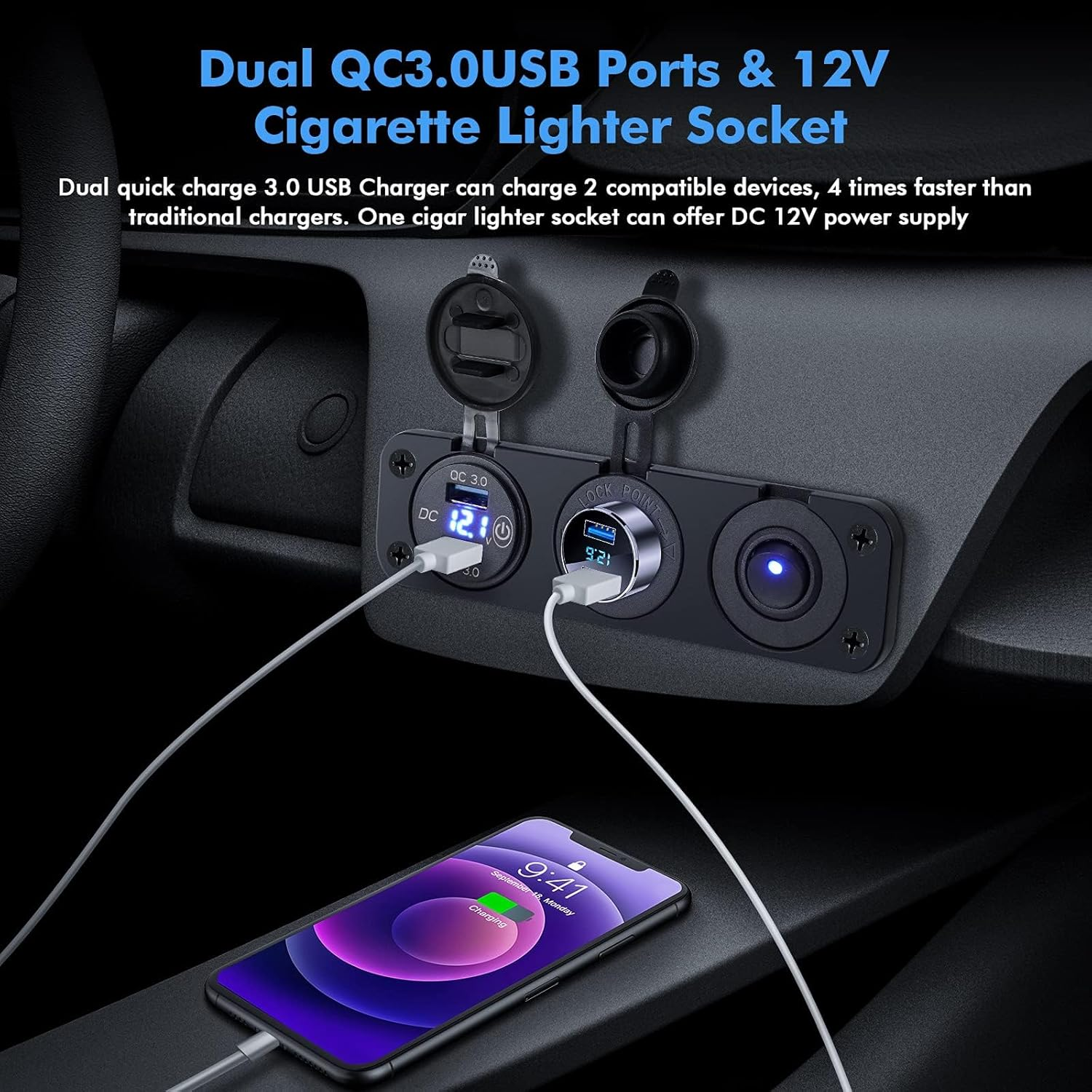 BLAZDEVE 3 in 1 USB Socket Panel, Dual QC 3.0 Car USB Charger, Cigarette Lighter Socket with LED Digital Voltmeter and ON/OFF Toggle Switch for 12V/24V Vehicles, Boat, Truck, Caravan image number 3