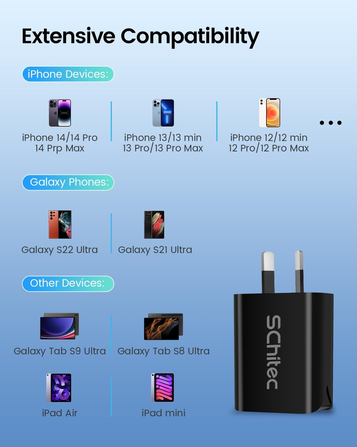 2-Pack SCHITEC 20W USB-C Charger with 1 M USB-C Cable, PD 3.0 Fast Wall Adapter, Compatible with Iphone 15/16/16 Pro Max, Ipad, Galaxy S25, Pixel 10 Pro, Galaxy A56(Black) image number 3