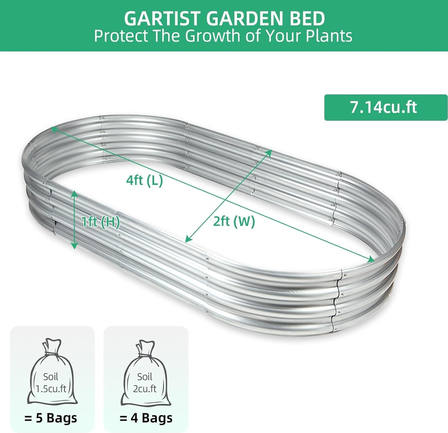 Gartist Thickening Galvanized Raised Garden Bed with Gloves, Tools Free Assembly Planter Box for Outdoor, Oval Larger Space Garden Bed Planter for Herbs, Vegetables, Fruits(4 X 2 X 1Ft, Silvery) image number 2