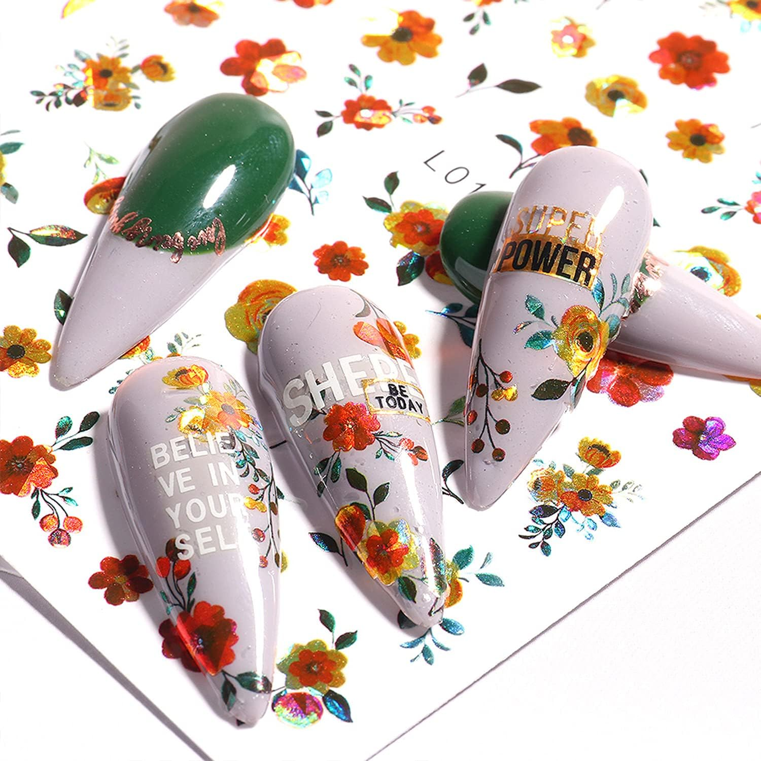 Laser Glitter Nail Art Stickers, 3D Self-Adhesive Nail Decals Design, Holographic Flowers Flame Heart Fruit Butterfly Nail Art Decoration for Women Girls Manicure Charms DIY Nails Supplies (8 Sheets) image number 3