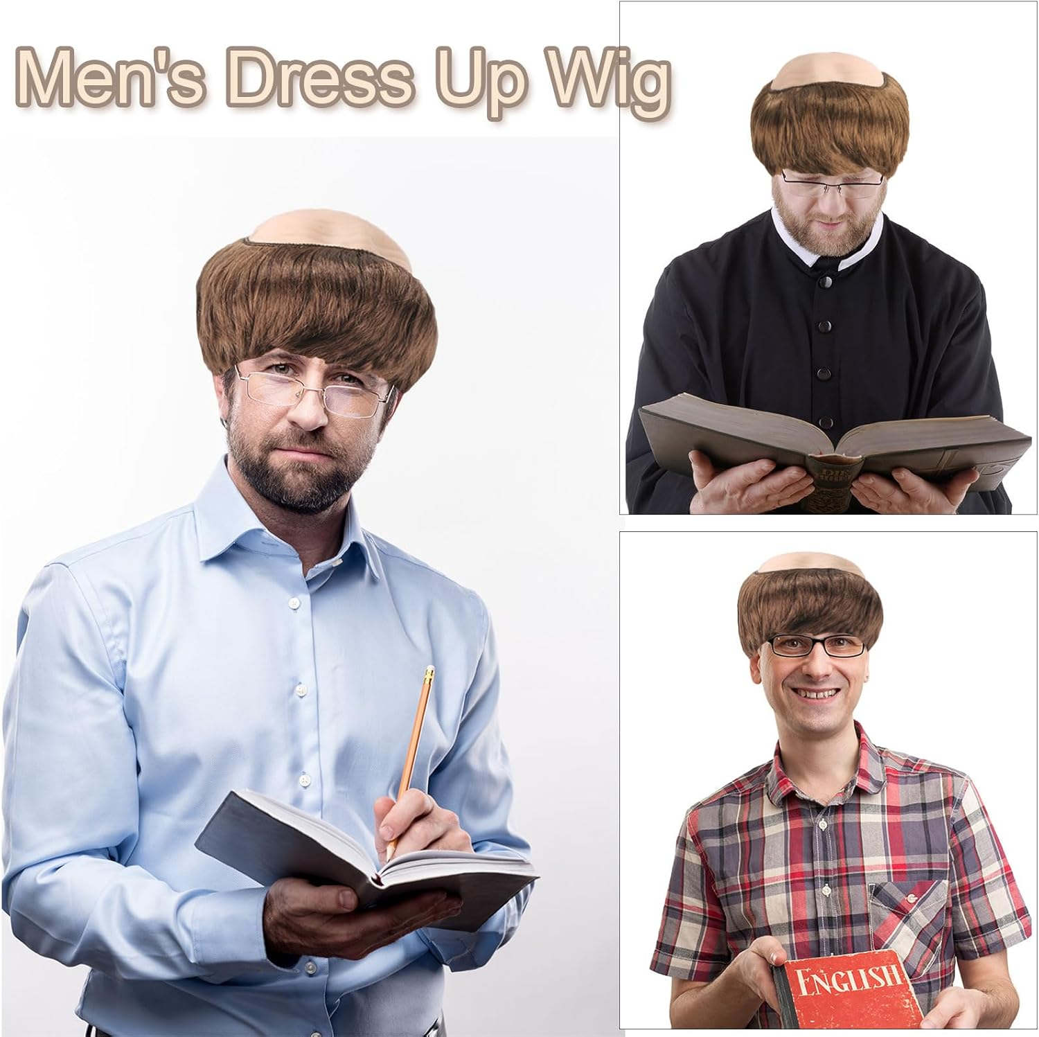 Bald Head Cap Funny Wig for Adults Men Women, Latex Bald Wig Cap Grandpa Glasses, Monk Costumes with Brown Friar Hair Bowl Cut, Men'S Old Man Fancy Dress up Party Halloween Cosplay (Brown)