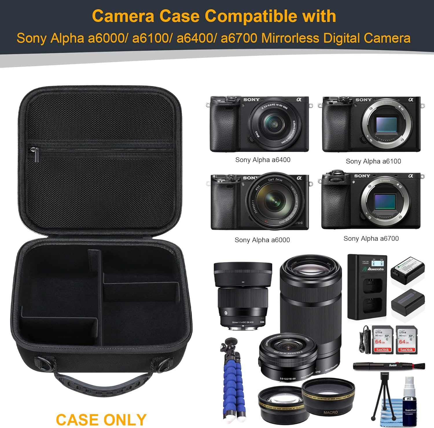 RAIALL Camera Case for Sony Alpha A6000/A6100/A6400/A6700/ Sony Alpha 7 II III IV/7R V Mirrorless Digital Camera and Lens, Vlogging Camera Hard Travel Bag with a Shoulder Strap and 3 Dividers, Black image number 4