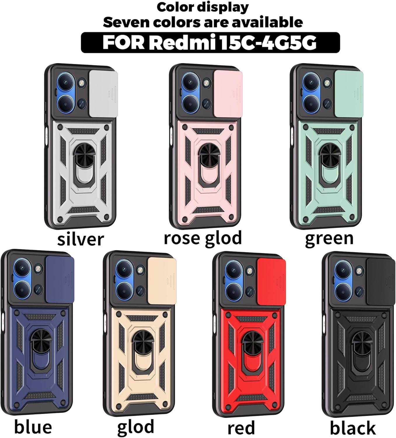 ESHUYI Case for Xiaomi Redmi 15C (4G/5G) with Slide Camera Cover [Camera Protection] [Ring Stand] [Case Compatible with Magnetic Car Mount] Shockproof Mobile Phone Case, Black image number 2