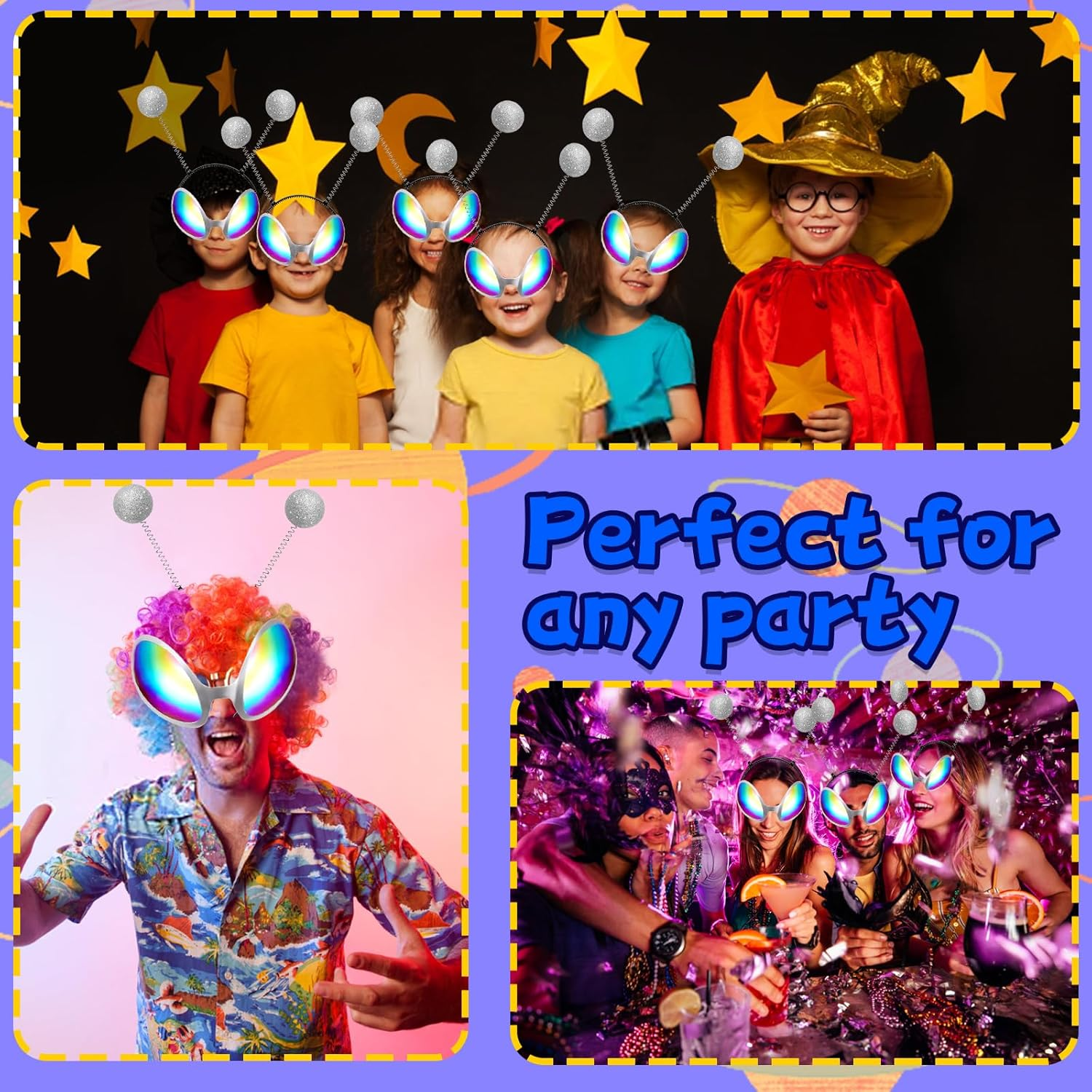 Pack of 2 Alien Glasses Costume Sunglasses, 2 Pieces Funny Martian Antenna Headband, Party Glasses, Decorative Alien Space Costume Cosplay Party Rave Accessories Halloween Carnival, Silver, image number 2