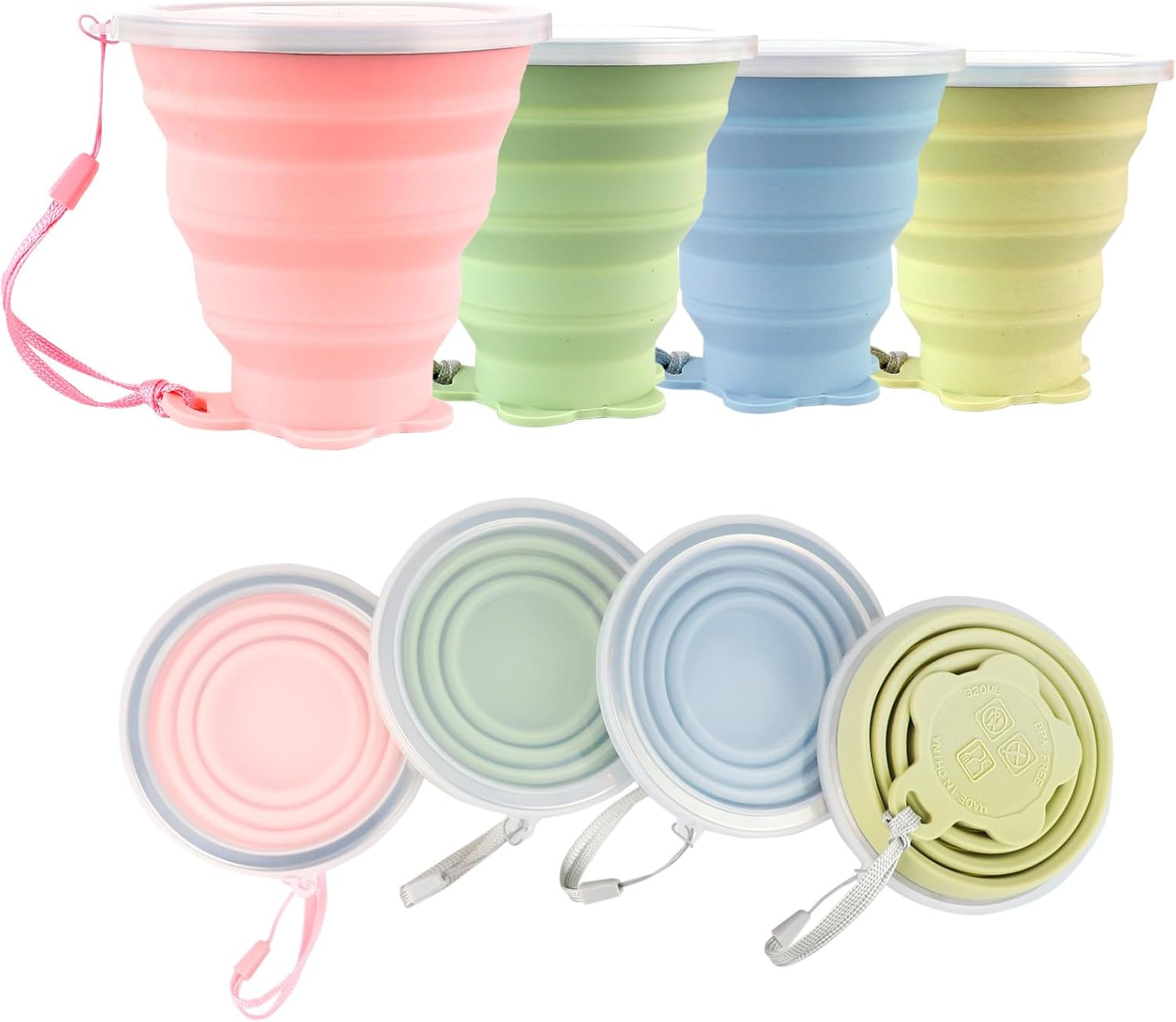 Ddluck Silicone Collapsible Camping Cup, 4 Pack 320Ml Foldable Travel Mug, Folding Portable Cups with Plastic Sealing Lid, Reusable Mugs Set for Picnic, Camping, Office, Outdoor Hiking