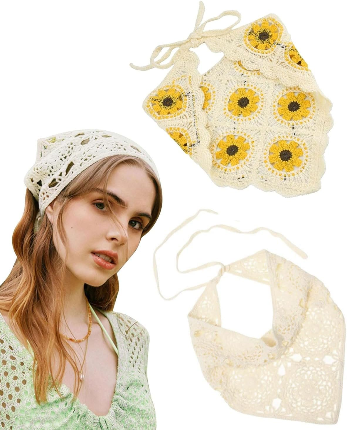 JUKOTA Women'S Boho Headbands Triangle Headscarves Bandanas Turban Tie Hair Bands Elastic Knitted Hair Scarf for Women and Girls Pack of 2 image number 4