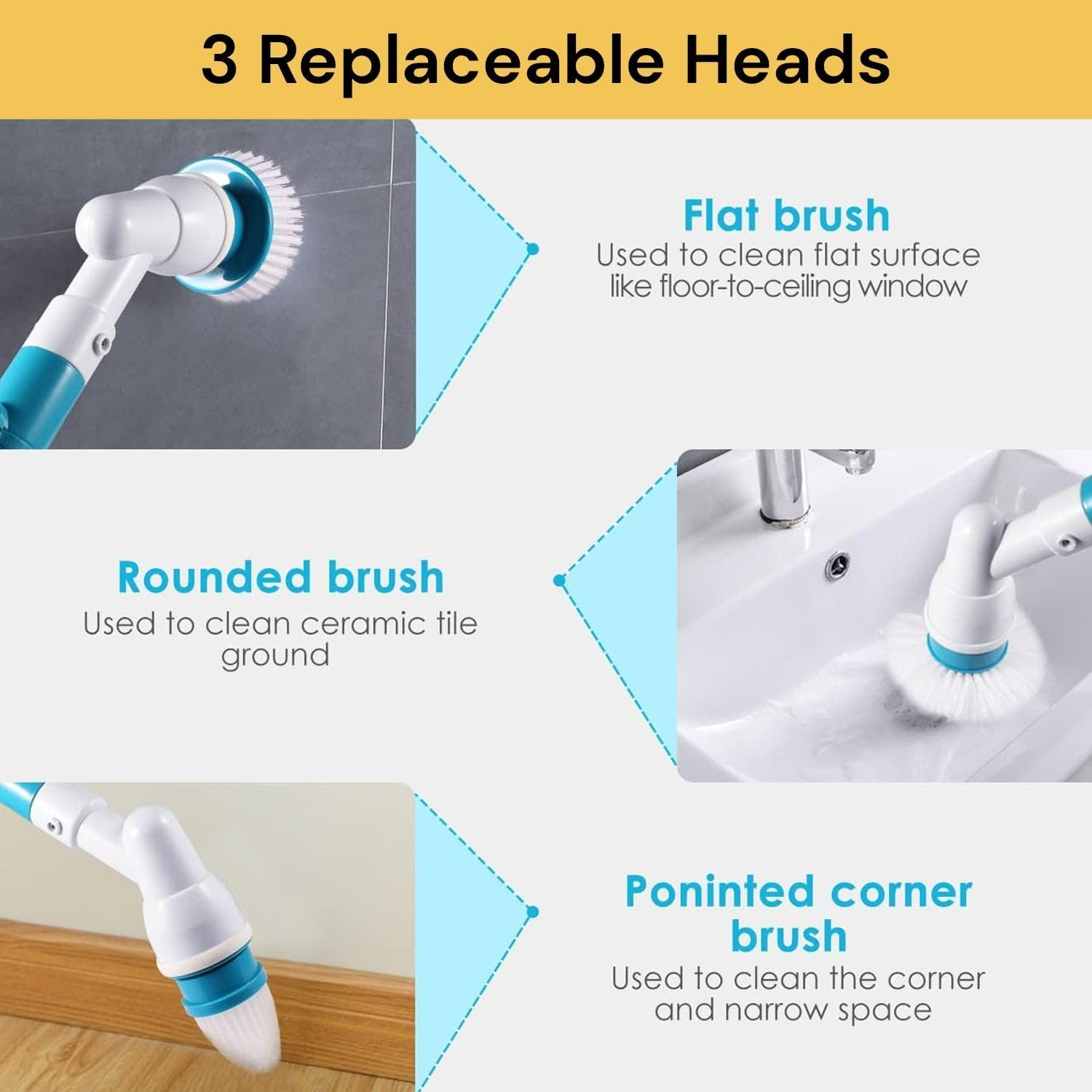 EZONEDEAL 360&deg; Rotating Electric Spin Scrubber, Multi-Purpose Surface Cleaner with 3 Replaceable Brush Heads and 1 Extension Arm for Bathroom, Tile, Floor, Tub, Shower, Bathtub & Kitchen Car Scrubber image number 2