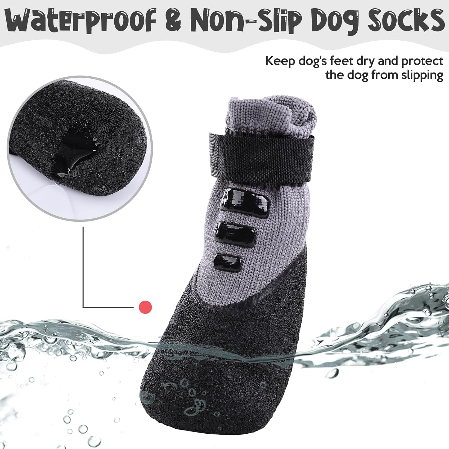 PUMYPOREITY Pack of 4 Dog Socks, Waterproof, Dog Shoes, Non-Slip Paw Protection, Stretchy Socks, Outdoor Dog Shoes, Waterproof Non-Slip Socks for Dogs (Grey, XL) image number 2