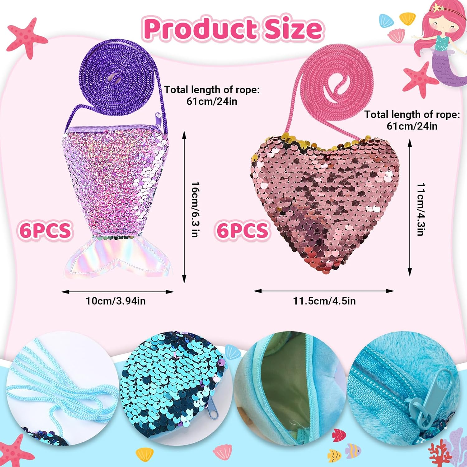 Glowberry 12 Pack Mini Mermaid & Heart Purse for Girls, Zipper Mini Pouch, Party Favours for Kids, Lolly Bag Fillers, Small Bulk Wallets for Birthday Goodie Bags, Classroom Rewards, School Gifts image number 3