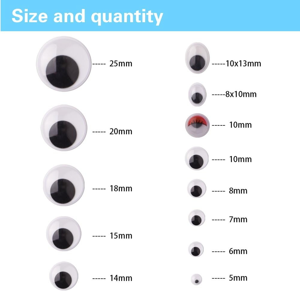 KUUQA 1200 Pieces Plastic Self-Adhesive Wobbly Googly Wiggle Eyes for DIY Craft Scrapbooking Accessories,Teddy Bear Doll Making Toys Eyes(Assorted Sizes) image number 5