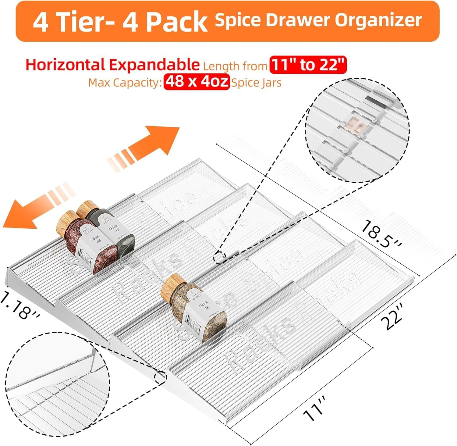 Jiaozoum Spice Rack Drawer Organizer, 8 Tier- 4 Pack Clear Acrylic Drawer Seasoning Organizer, Expandable from 28 to 56 Cm Kitchen Spice Rack Organizers and Storage for Drawer (Jars Not Included) image number 5