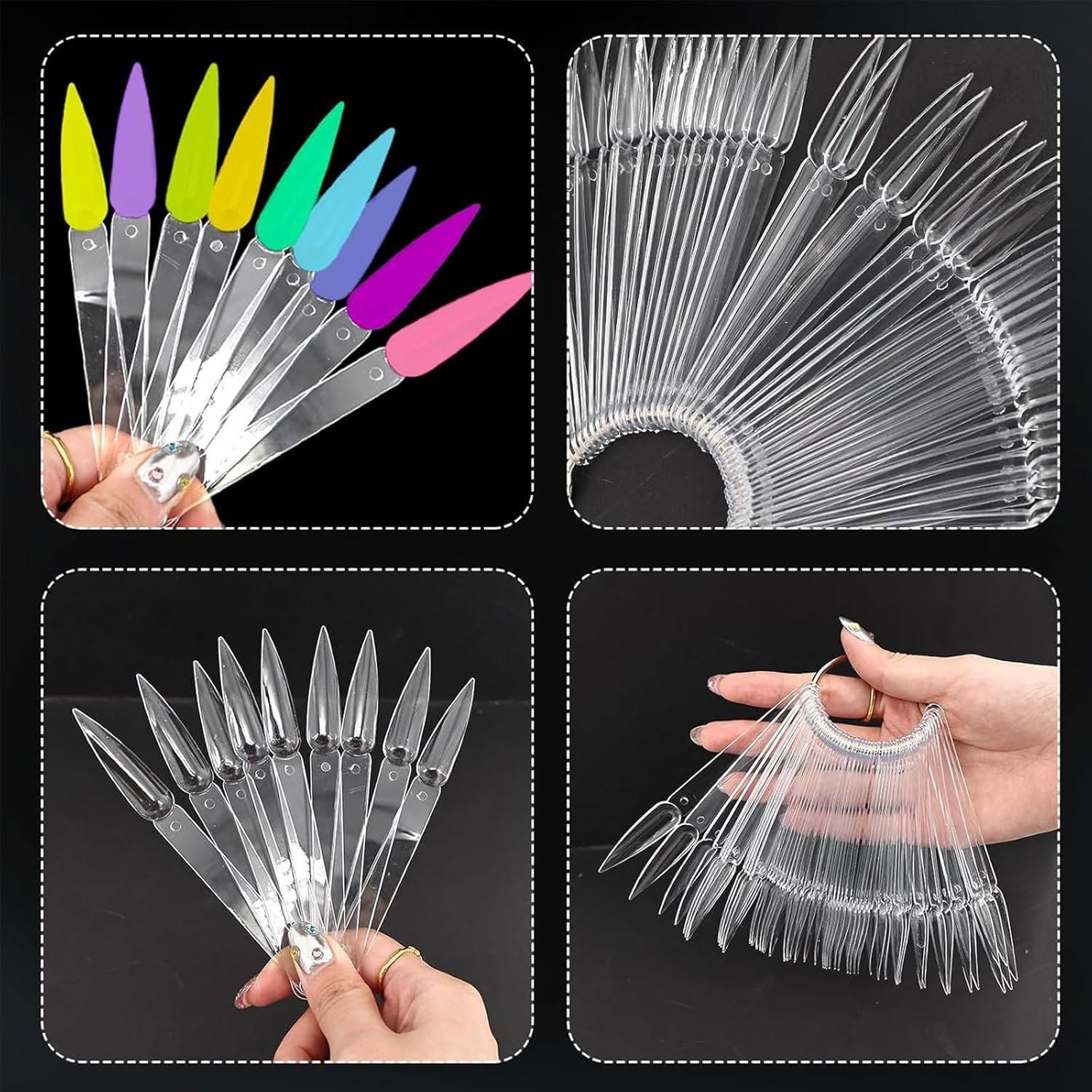 Kzvsiy 100 Pcs Clear Stiletto Nail Swatch Sticks with Rings, Transparent Pointed Nail Display Tips for Polish Color Samples, Manicure Practice Board for Salon & Home Use image number 3