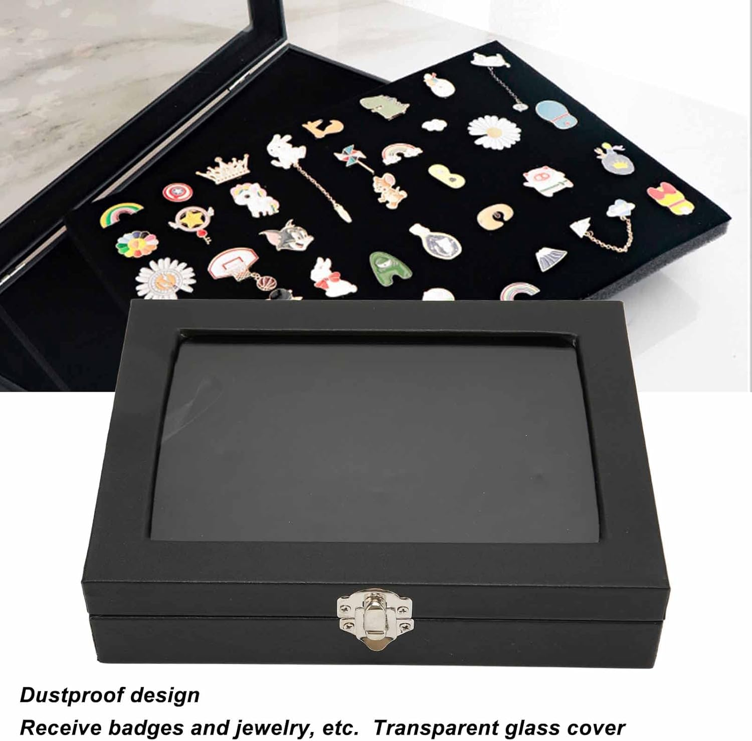 Dustproof Pin Display Case, Transparent Glass Cover Pin Collection Display Box Table Top Jewelry Display Case for Military Medals, Beach Tags, Jewelry Pin, Collectibles (S) image number 1