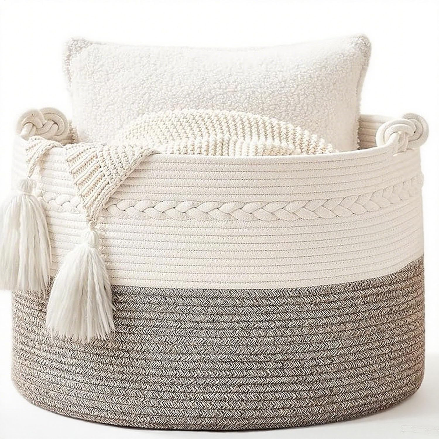 OWNKING Large Capacity Storage Baskets, Laundry Basket, Tall Woven Cotton Collapsible Laundry Hamper, Decorative Versatile Blanket Basket for Clothes, Blankets, Toys Storage & Organization, 20X20X13In