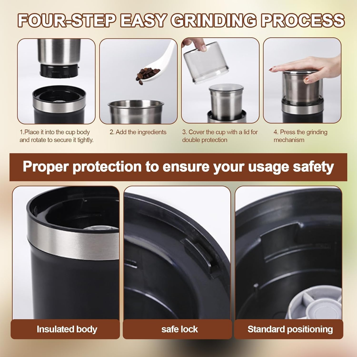 Electric Coffee Grinder & Spice Grinder, 3.5Oz /100G Capacity, Dual Leaf Stainless Steel Blade for Coffee Beans, Herbs, Nuts, 2 Removable Stainless Steel Bowls - Perfect for Home, Kitchen, Camping image number 6