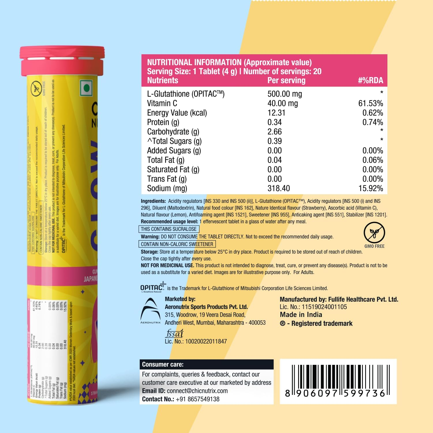 Chicnutrix Glow- 40 Effervescent Tablets| Japanese Glutathione & Vit. C| Antioxidants for Clear, Glowing Skin| Sugar-Free, Strawberry-Lemon Flavour image number 2