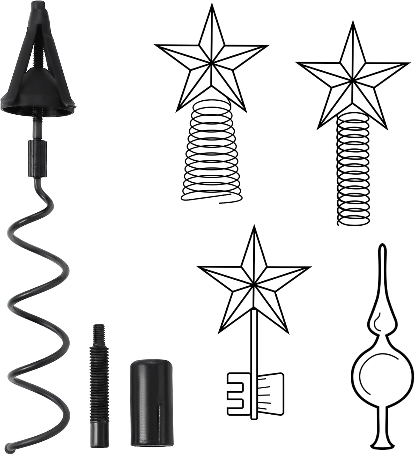 Christmas Tree Topper Holder - Universal Twist-On Stabilizer and Adapter for Floral Toppers - Adjustable Plastic Support Spiral with Attachment (Black)