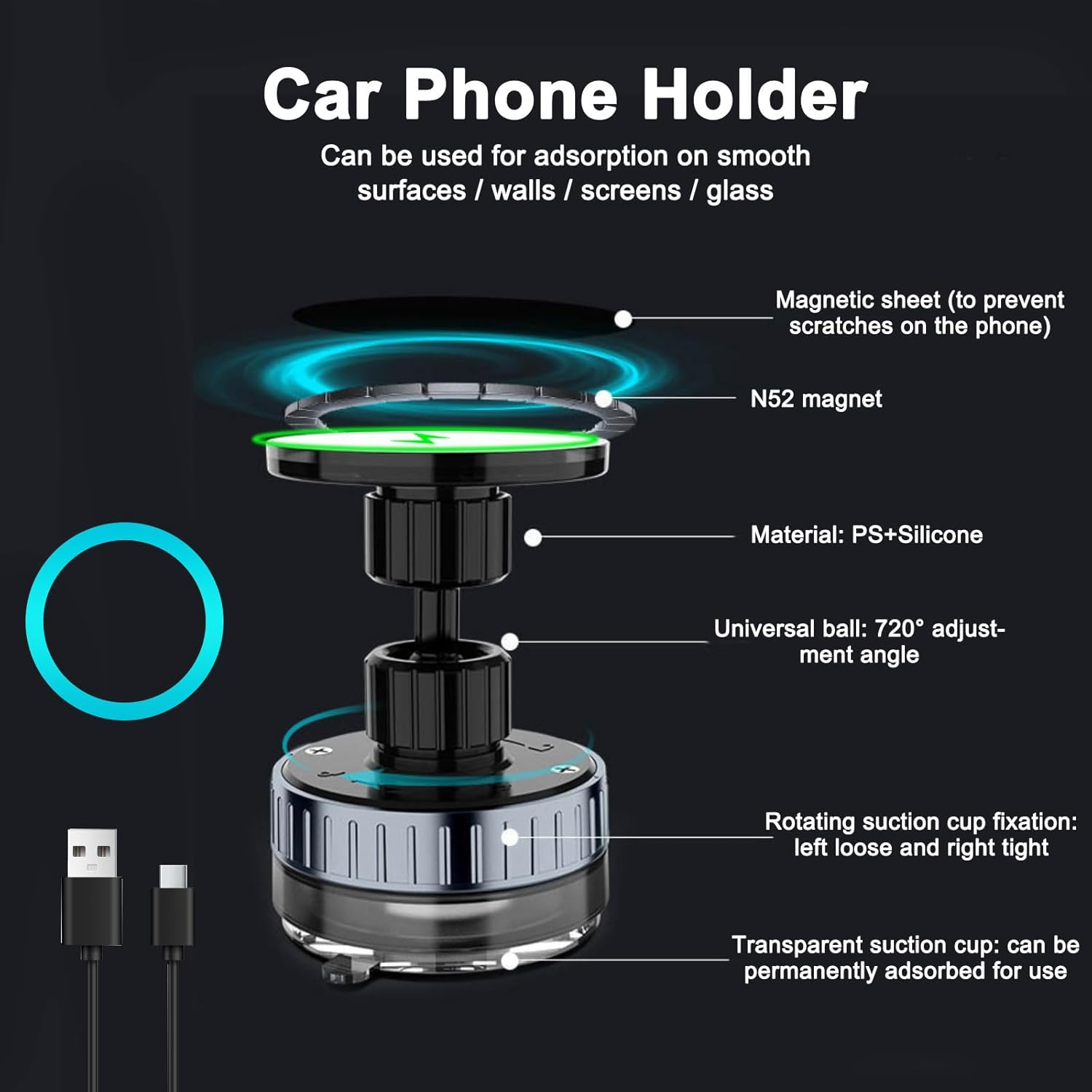 360&deg; Rotating Vacuum Suction Phone Holder, 15W Charge Magnetic Car Mount with Suction Cup for Dashboard & Windshield for Phone & Tablet, Includes Magnetic Ring for Non Magnetic Device image number 4