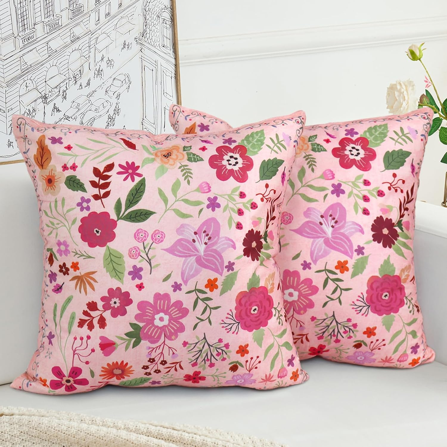 EDTOY Floral Pillow Covers 16X16 Set of 2,Beige Farmhouse Floral Pillow Covers Decorative Double Sided Pattern Cushion Cover Soft Pillow Case for Living Sofa Room Bed Porch Patio Square Pillow Cover