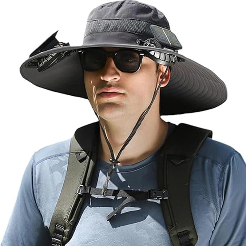 Solar Fan Hat, Outdoor Wide Brim Sun Hat with Dual Cooling Fans UPF50+ Sun Protection 3-Speed Adjustable Airflow, Solar & USB Charging for Fishing, Camping