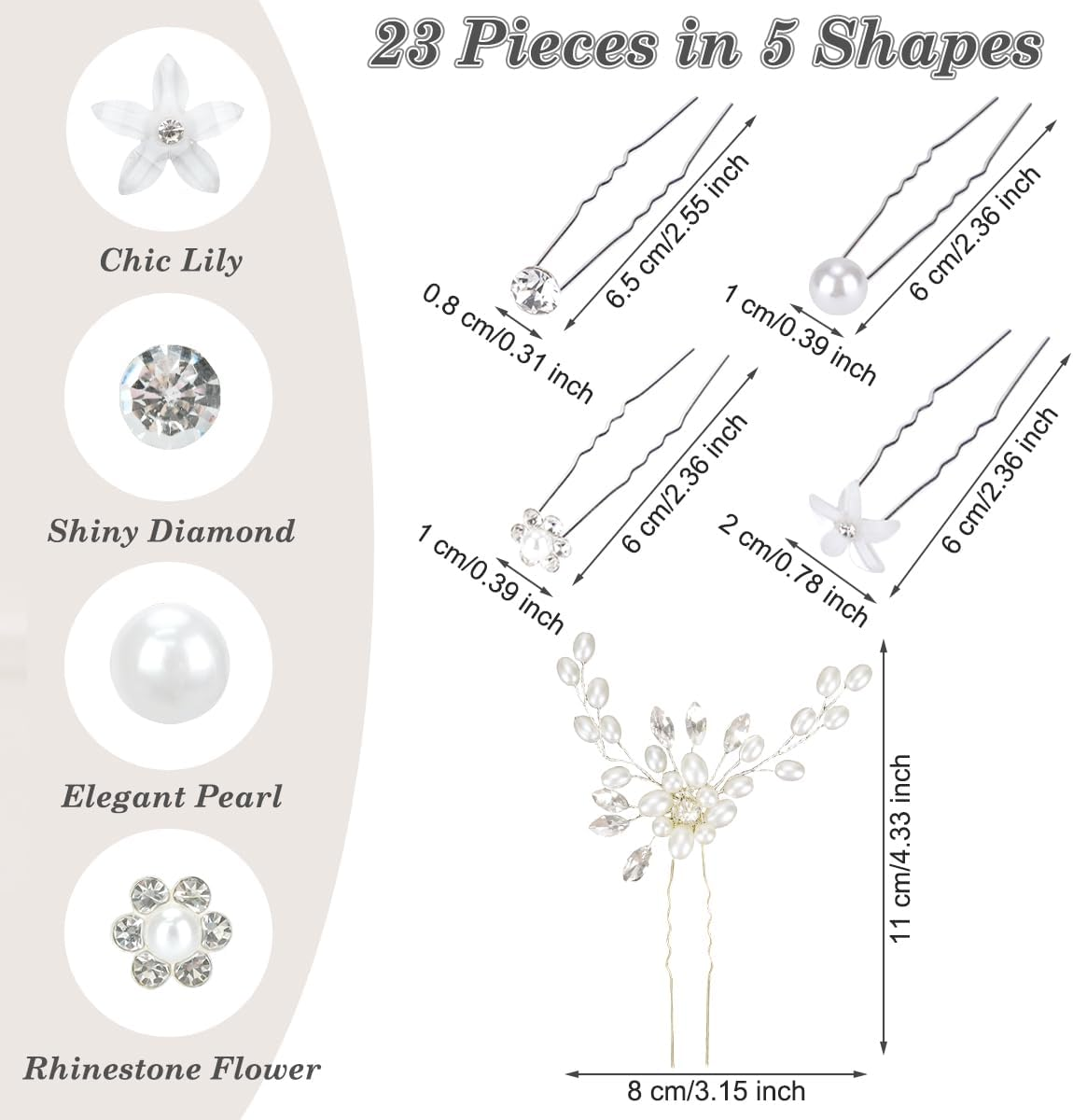 23 Pieces Bride Wedding Hair Pins, FHDUSRYO Flower Bridal Hair Clip, Crystal Pearl Hairpin Flower Rhinestone Hair Barrettes, U Shaped Hair Pins Wedding Hair Accessories for Women, Girls, Bridesmaids image number 3