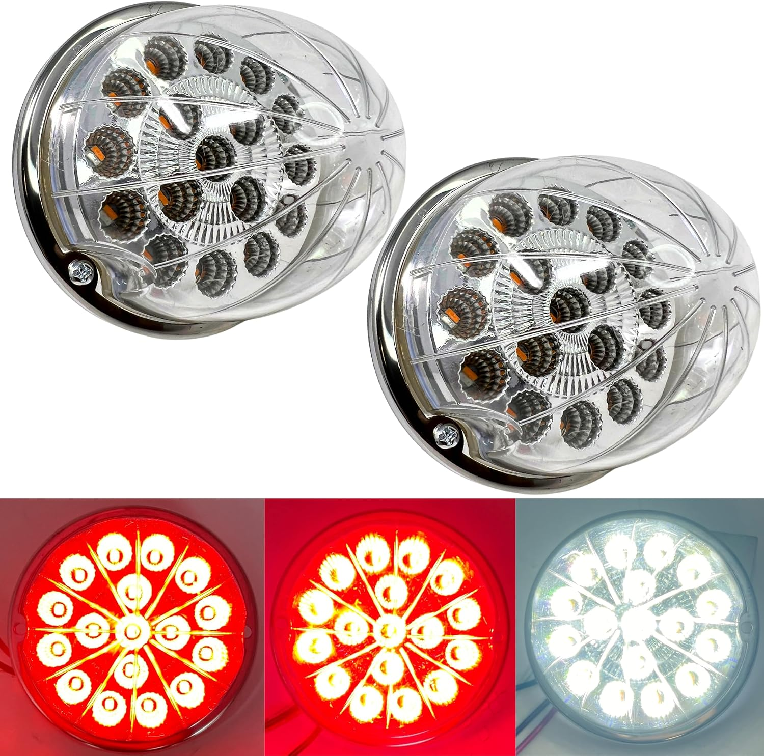 2PCS Dual Revolution White Reading Sport Marker to Red Auxiliary 17 LED Watermelon Lights Clear Lens & Stainless Steel Bezel Marker Lights for Freightliner Kenworth Peterbilt Trailer Heavy Trucks IP67 image number 3