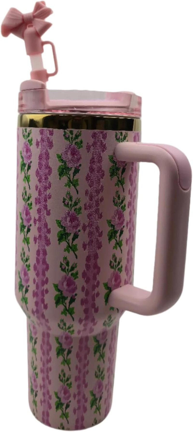 Bliss Gifts & Homewares 40 Oz Floral Insulated Tumblers with Handle & Straw - Stainless Steel, Leak-Proof Lid, Hot & Cold Travel Mug | Love Shake | Gifts for Women & Men (Petal Pink)