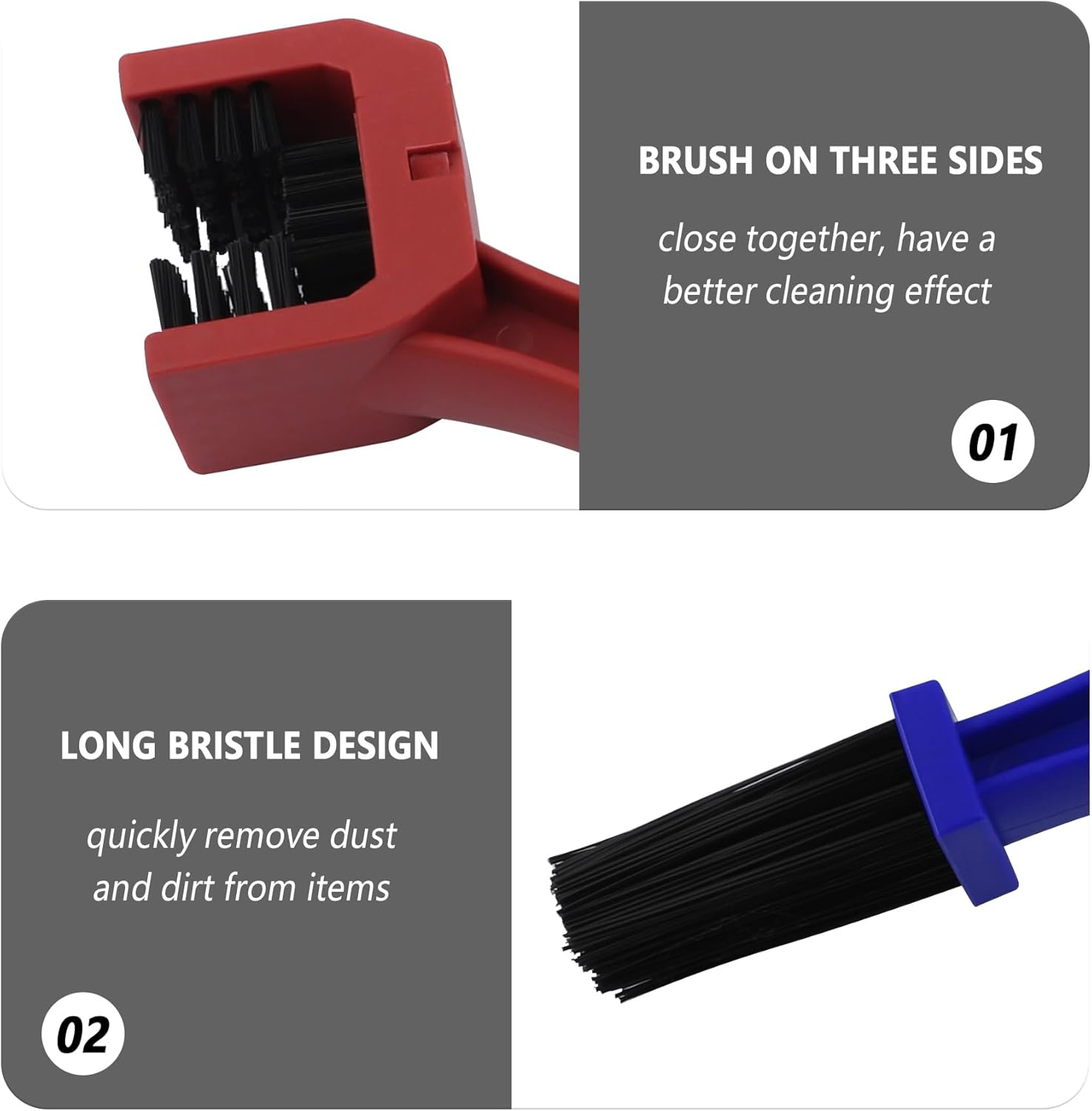 2PCS Motorcycle Chain Brush,Double-Ended Motorcycle Chain Cleaner with Three-Sided and Long Bristles,Universal Motorcycle Chain Cleaning Kit for Motorcycle Bicycle Mountain Bike (1 Red + 1 Blue)