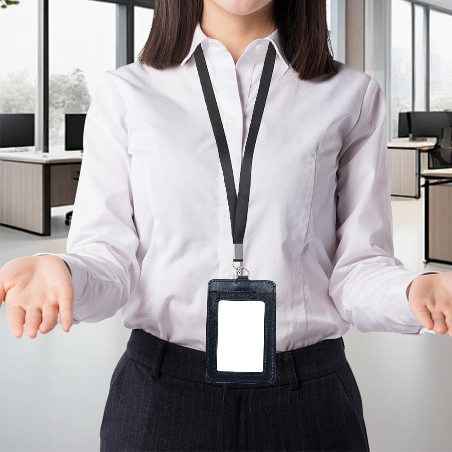 ZGWANSUI 2 Pack Vertical PU Leather ID Badge Card Holder with Lanyard & 2 Card Slot, Clear Window Name Badge Holder Case for Access Card, Business Credit Card, School Work ID, Name Tags (Orange) image number 5