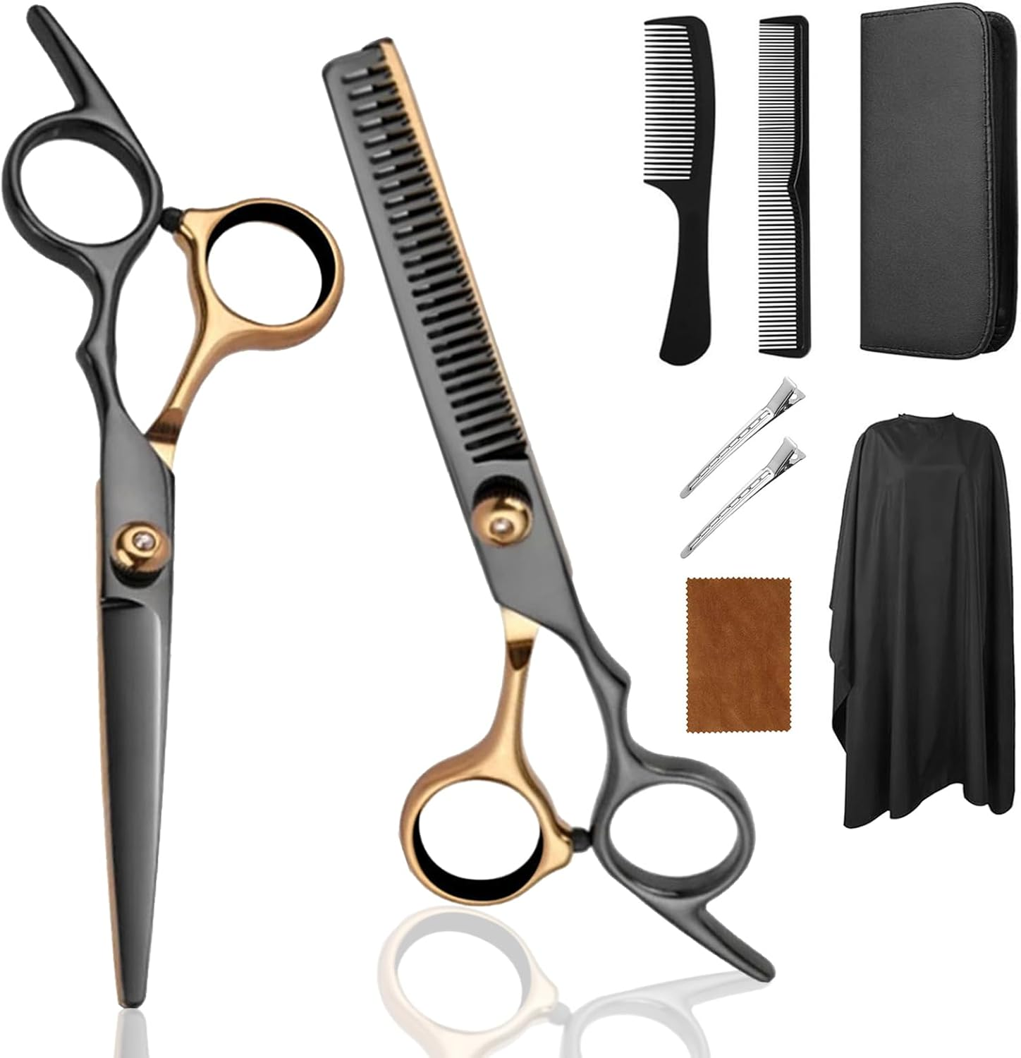 Vivva Hair Cutting Scissors Kits, 9Pcs Stainless Steel Hairdressing Shears Set Professional Thinning Scissors for Barber/Salon/Home/Men/Women/Kids/Adults Shear Sets (Black&Gold)